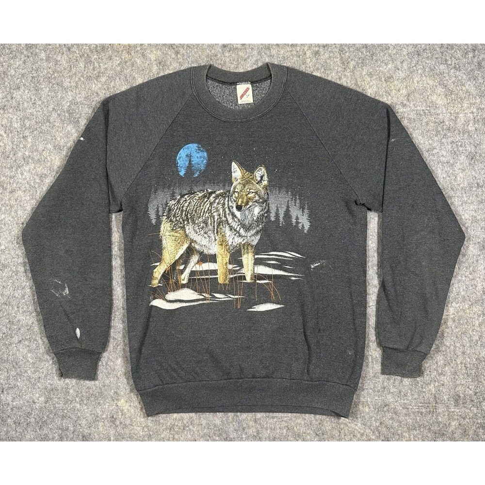 Vintage Jerzees Wolf Crewneck Sweatshirt Large Gray USA Nature 80s Pullover READ